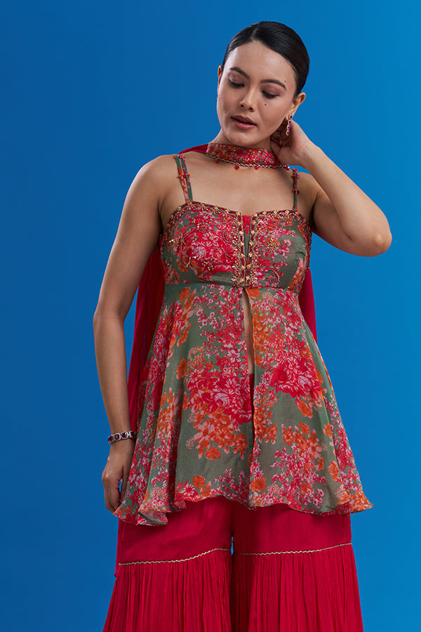 Rust Red Pure Chiffon Indo-Western Set with Thread Embroidery
