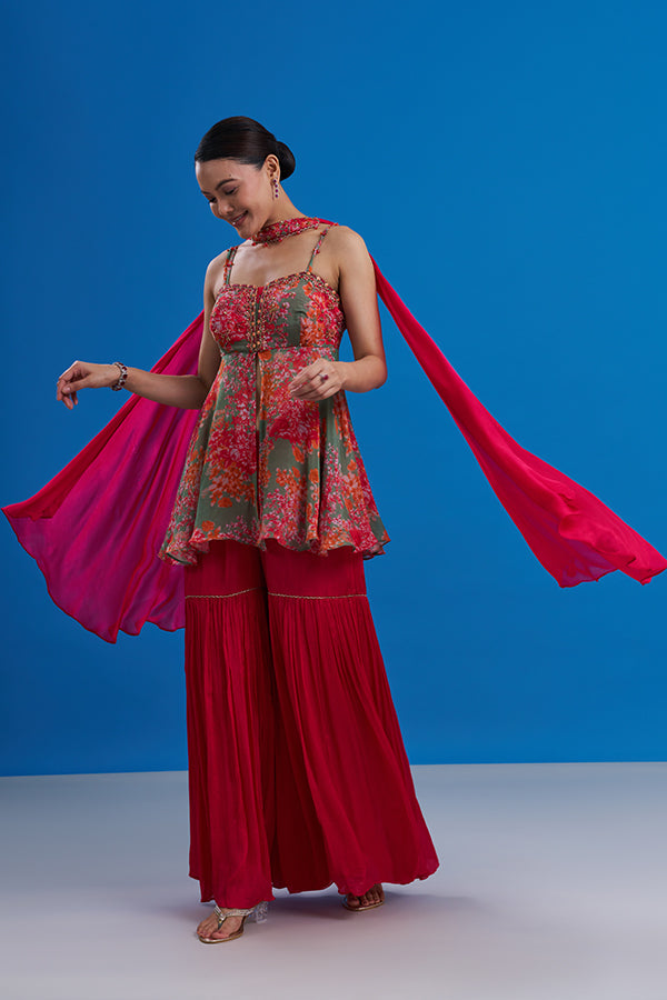 Rust Red Pure Chiffon Indo-Western Set with Thread Embroidery