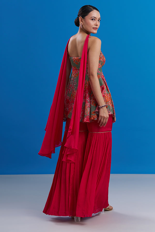 Rust Red Pure Chiffon Indo-Western Set with Thread Embroidery