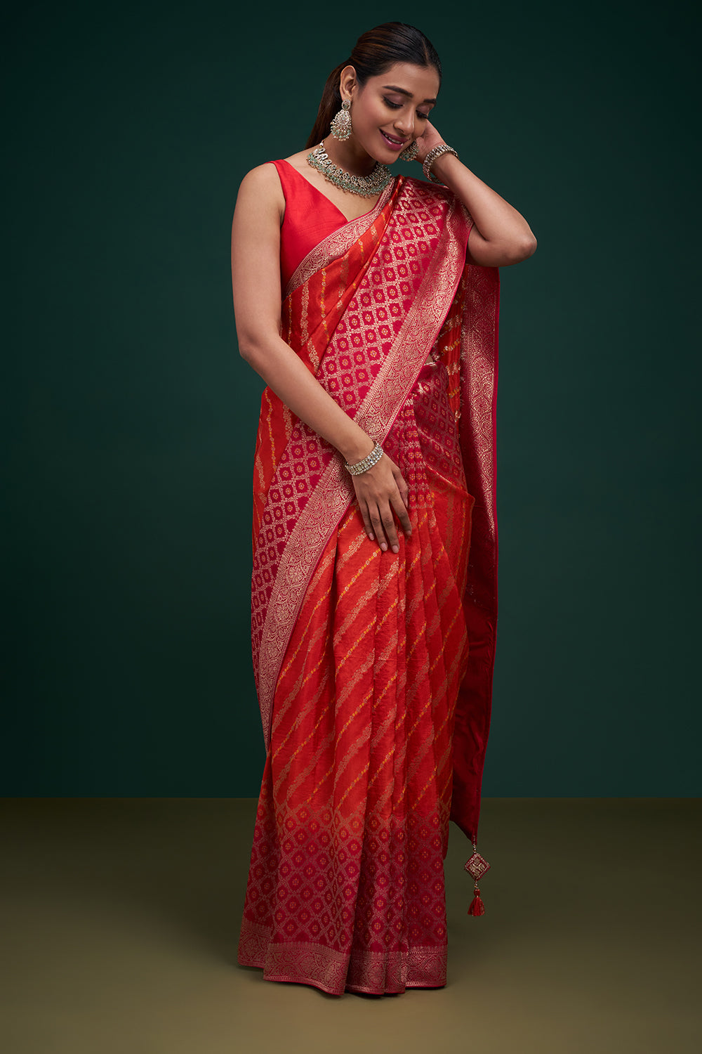 Pink and Orange Dola Silk Leheriya Print Saree with Unstitched Blouse