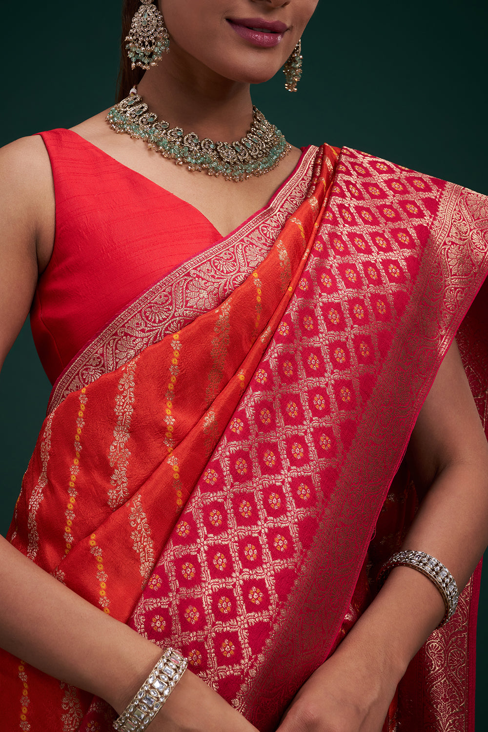 Pink and Orange Dola Silk Leheriya Print Saree with Unstitched Blouse