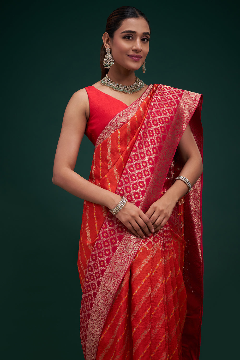 Pink and Orange Dola Silk Leheriya Print Saree with Unstitched Blouse