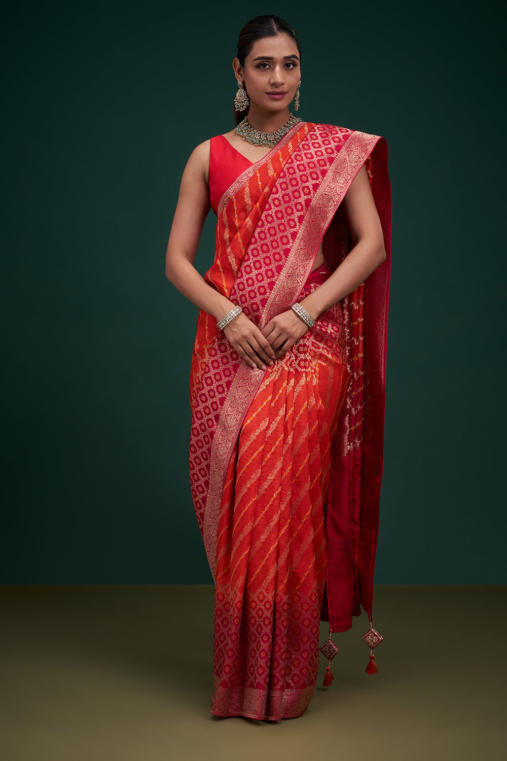 Pink and Orange Dola Silk Leheriya Print Saree with Unstitched Blouse