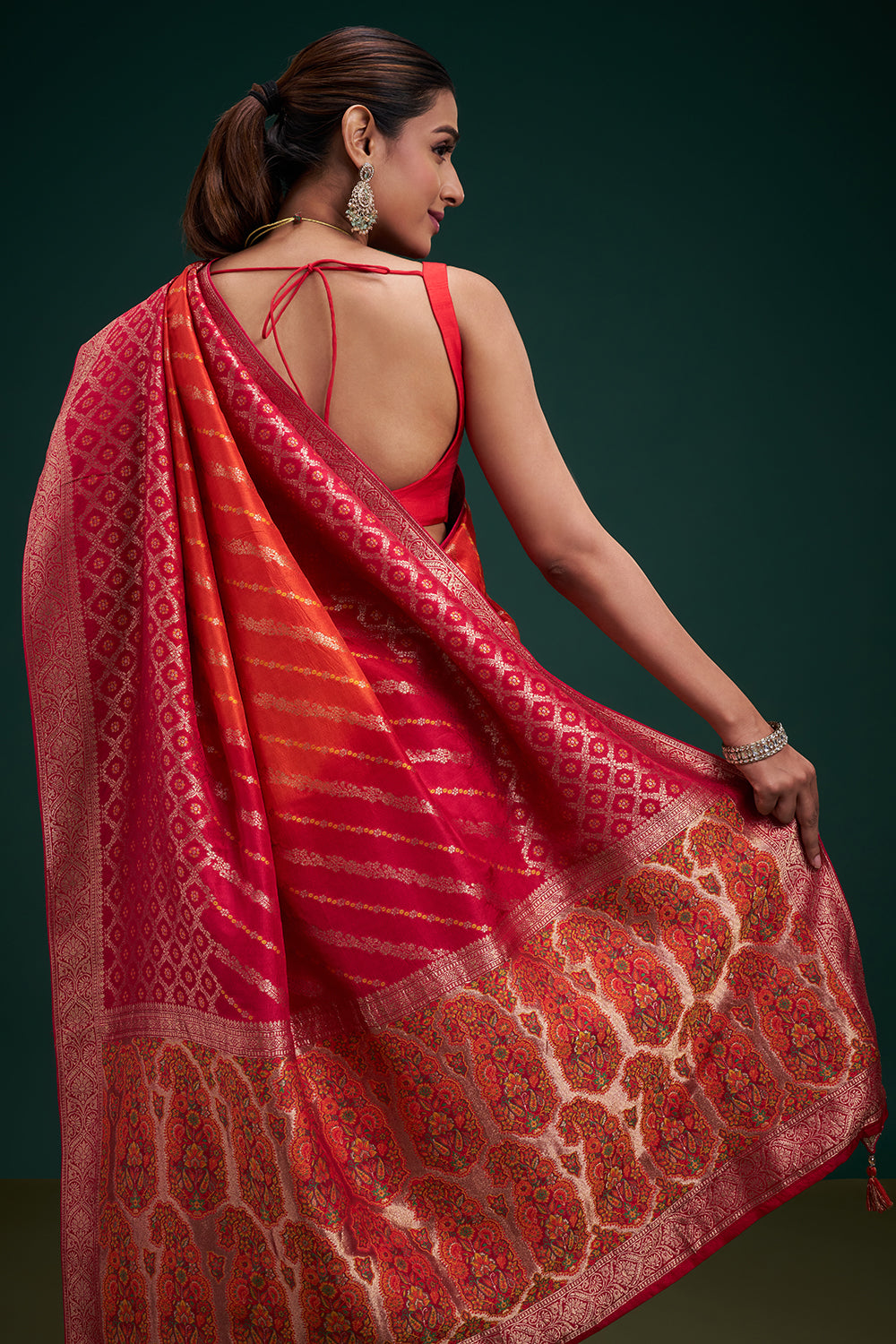 Pink and Orange Dola Silk Leheriya Print Saree with Unstitched Blouse