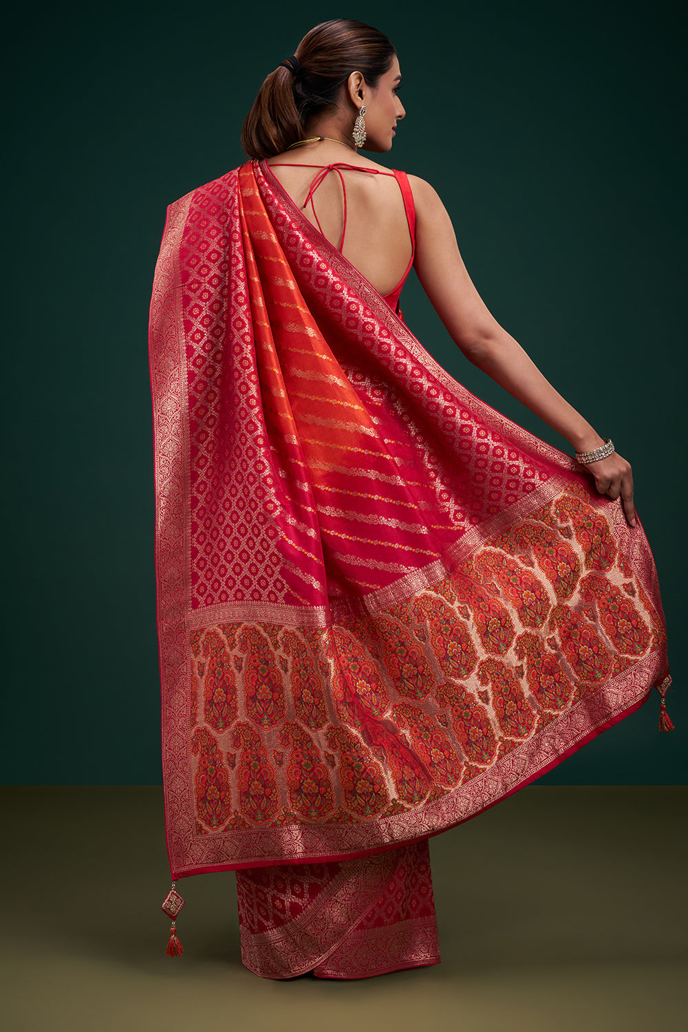 Pink and Orange Dola Silk Leheriya Print Saree with Unstitched Blouse