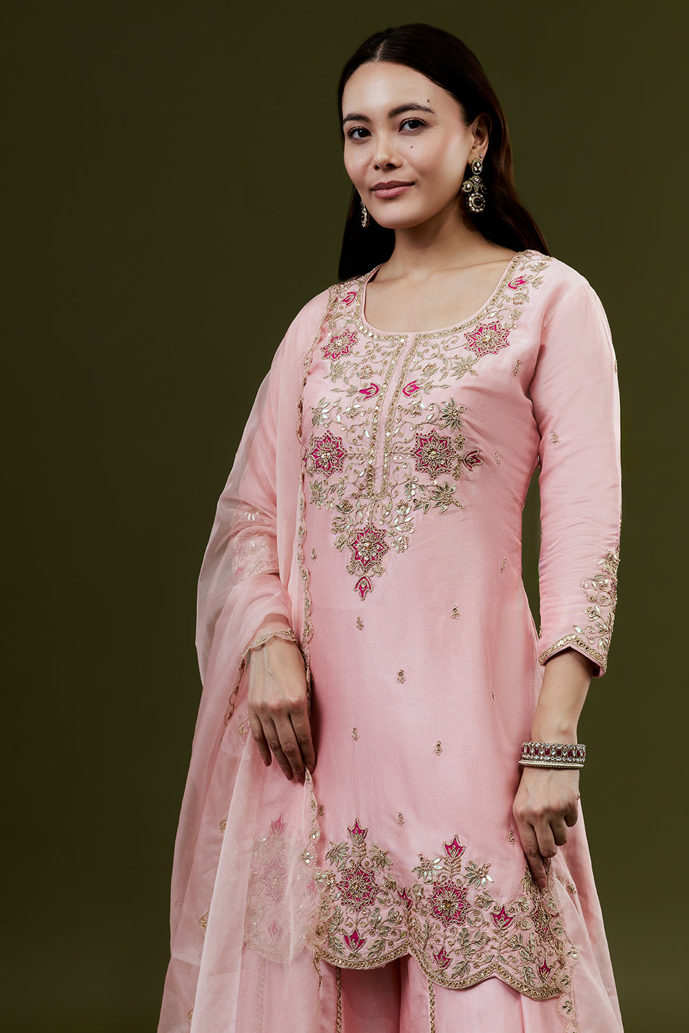 Pink Art Silk Palazzo Suit Set with Zardosi Work