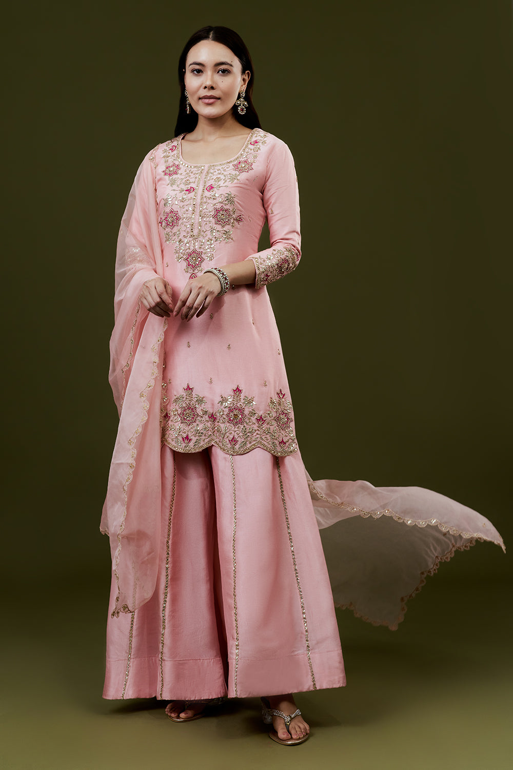 Pink Art Silk Palazzo Suit Set with Zardosi Work