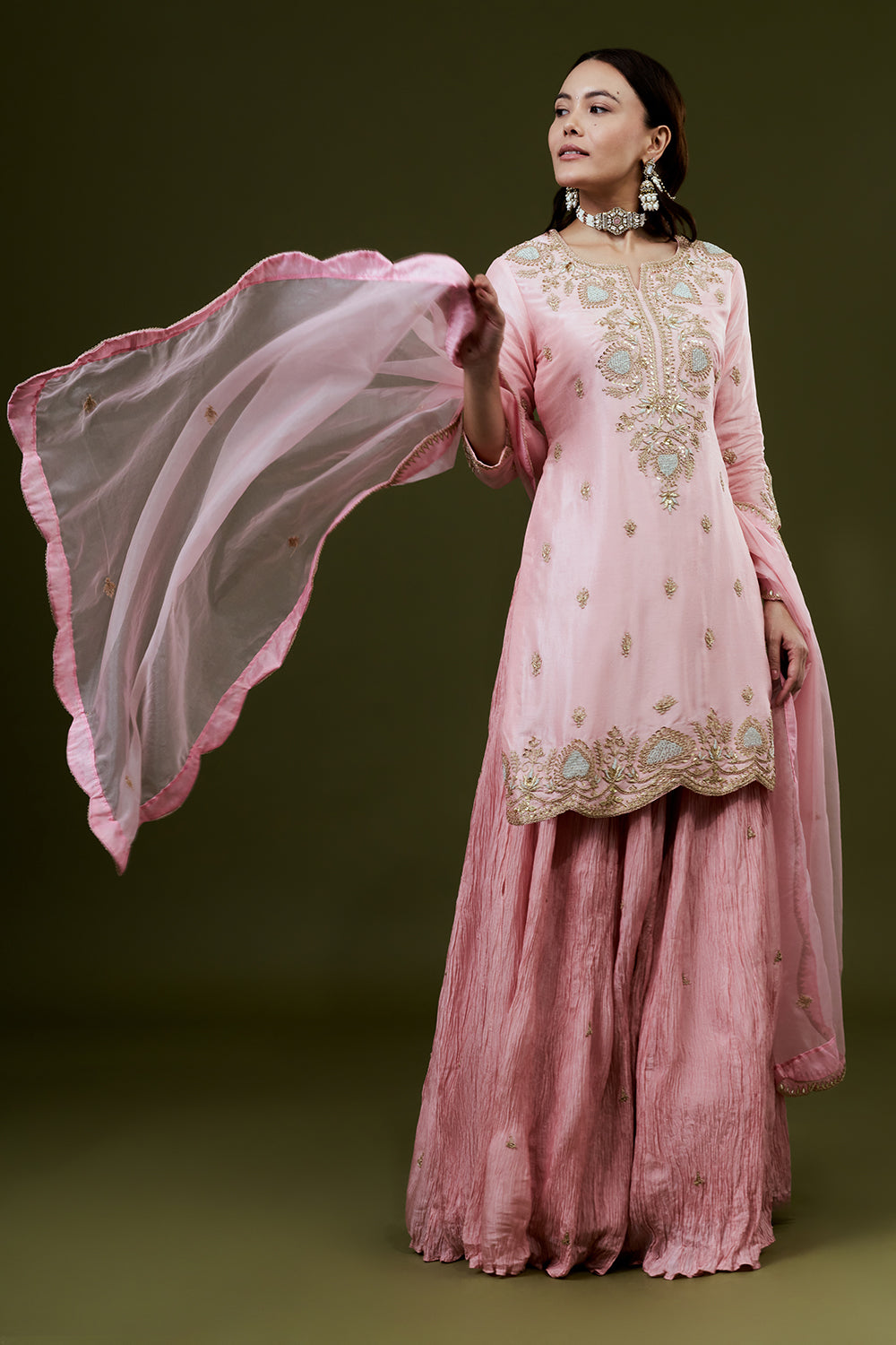 Pink Art Silk Suit Set with Zardosi Work