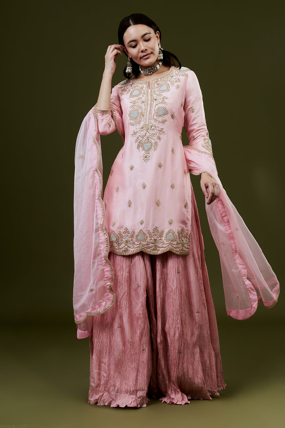 Pink Art Silk Suit Set with Zardosi Work