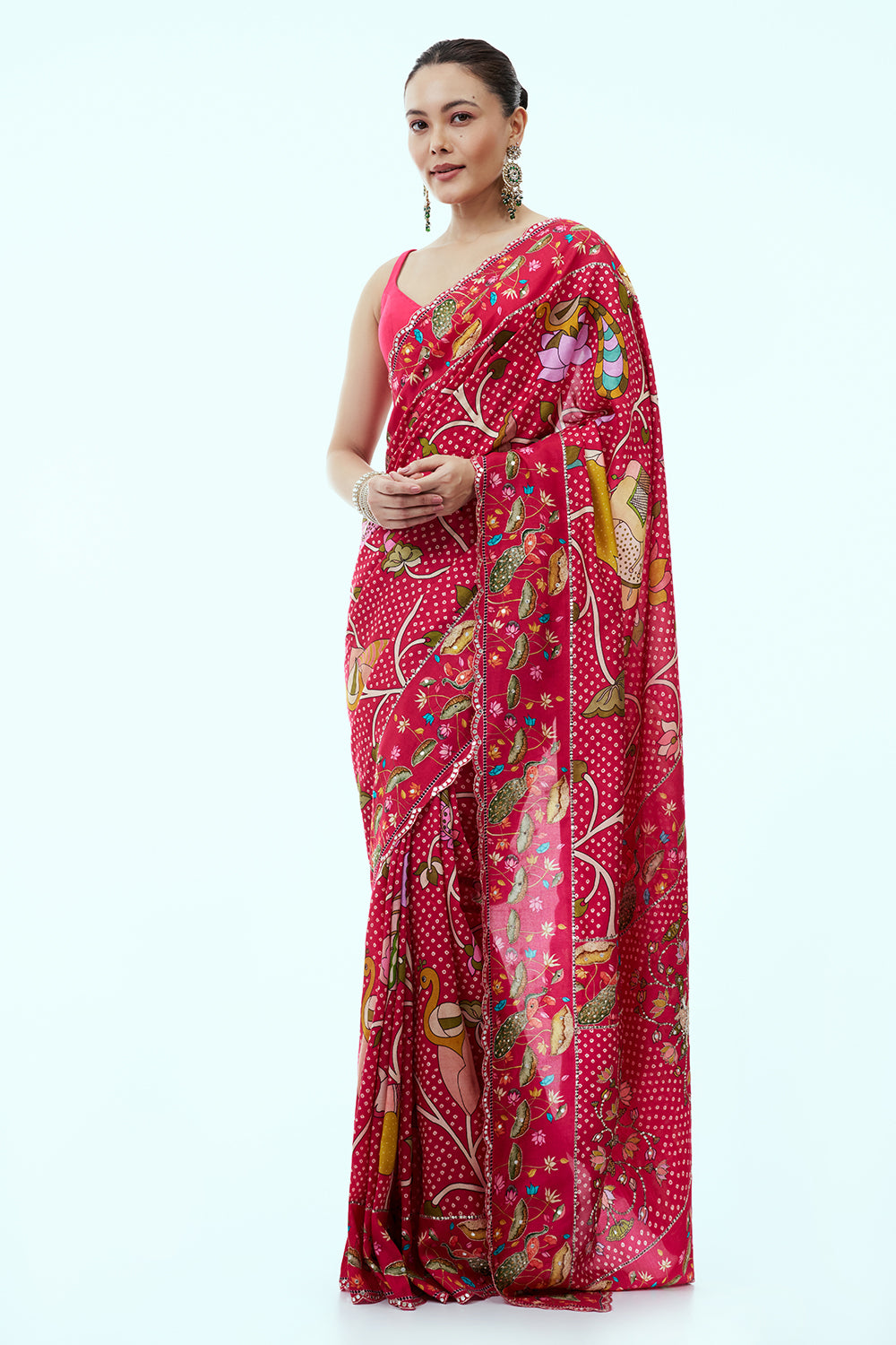 Pink Bandhani Saree and Unstitched Blouse