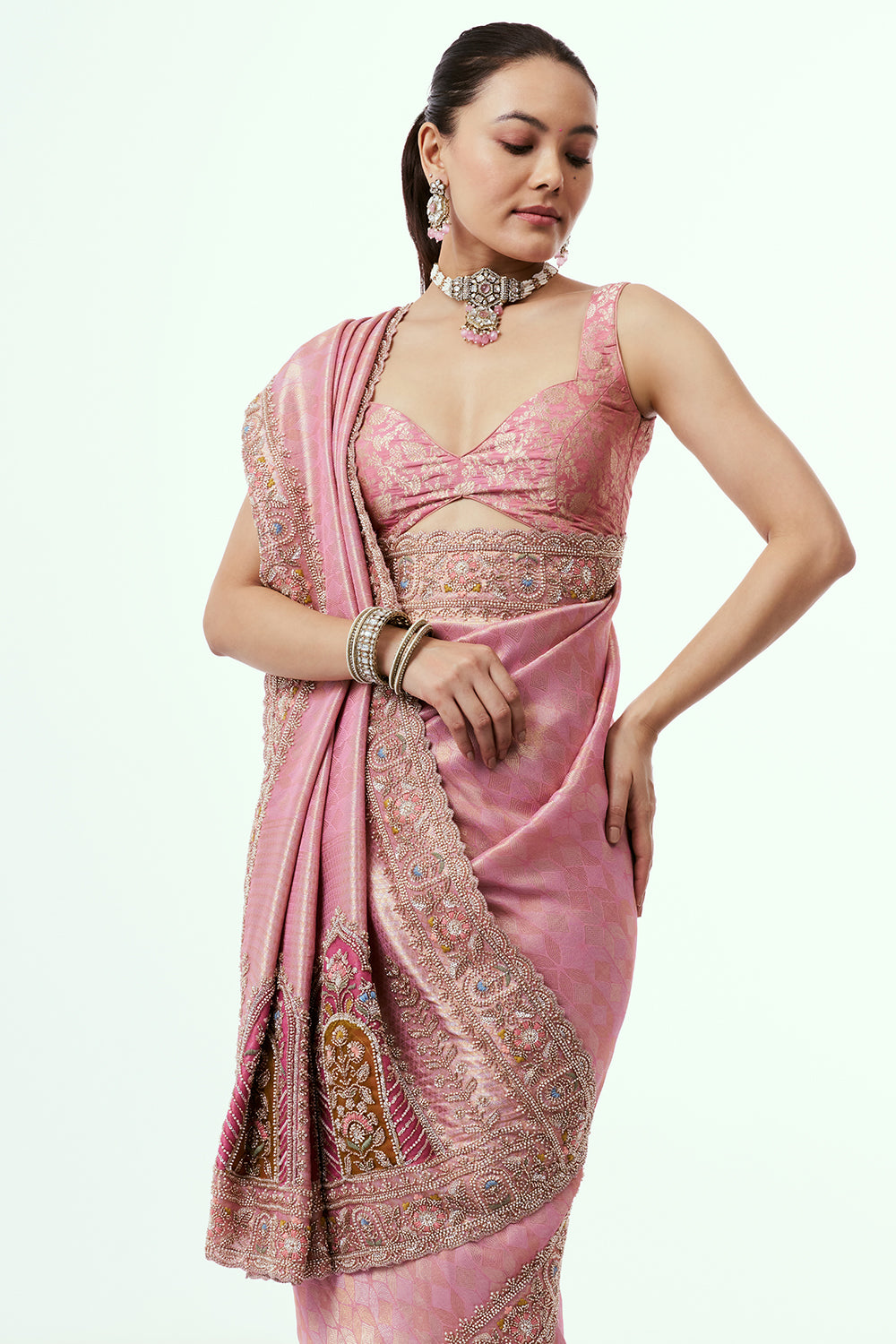 Pink Brocade Silk Saree with Resham Work