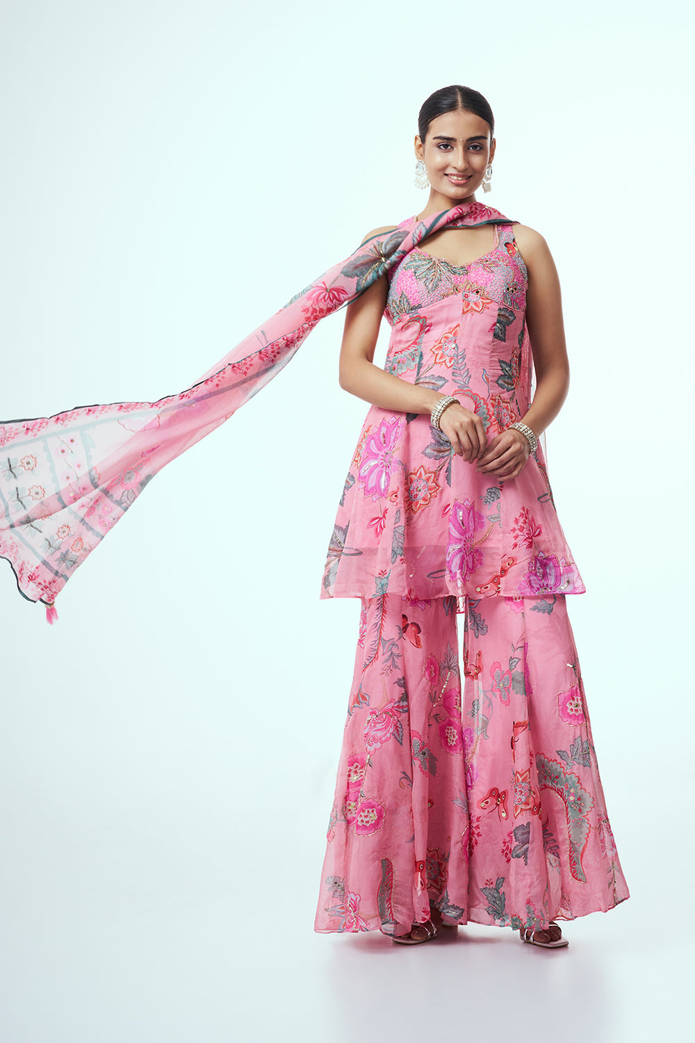 Pink Chiffon Indo Western with Mirror Work