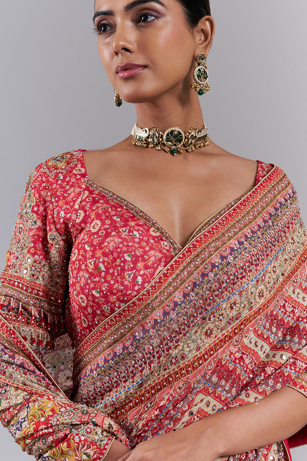 Pink Crepe Embellished Saree And Stitched Blouse