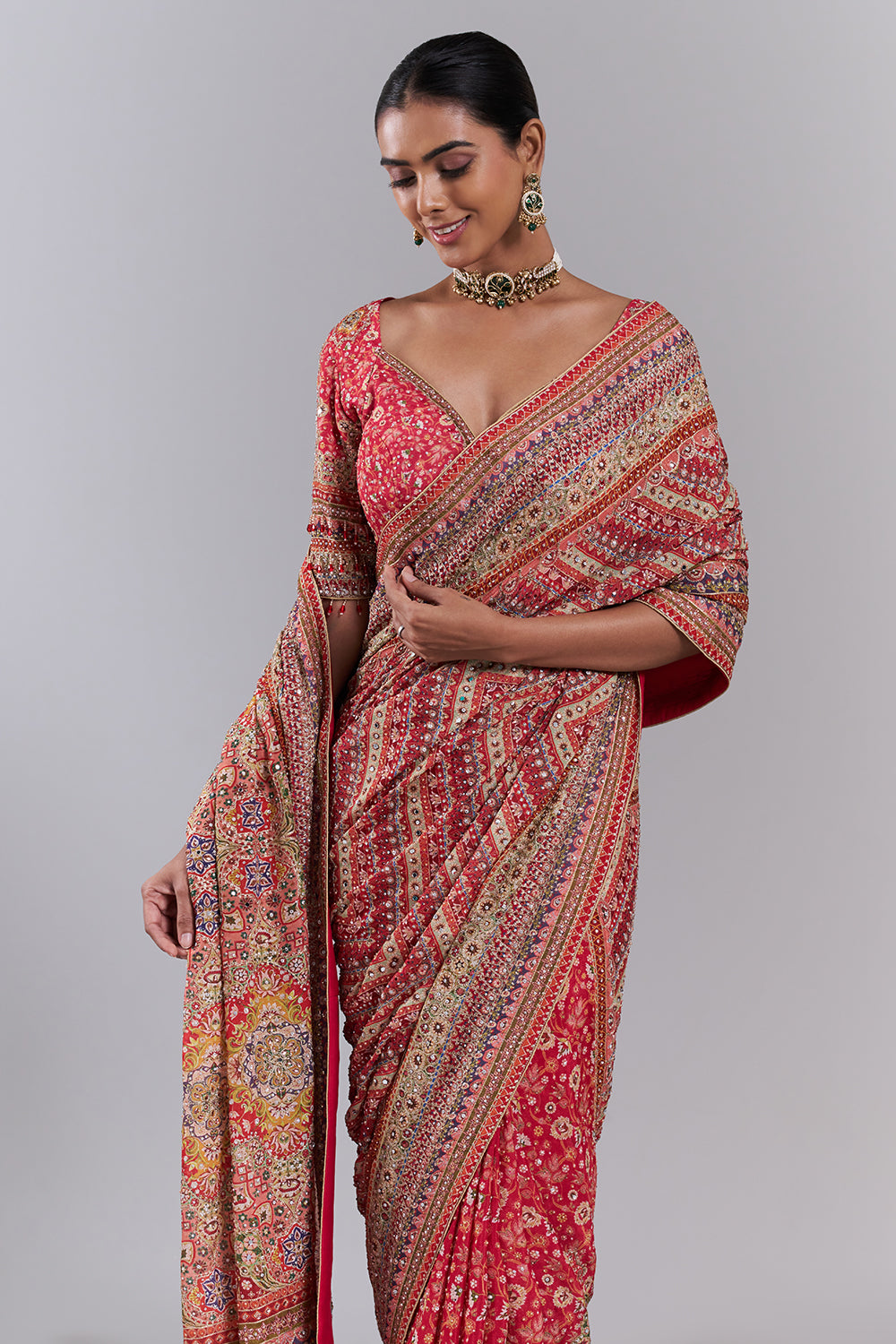Pink Crepe Embellished Saree And Stitched Blouse