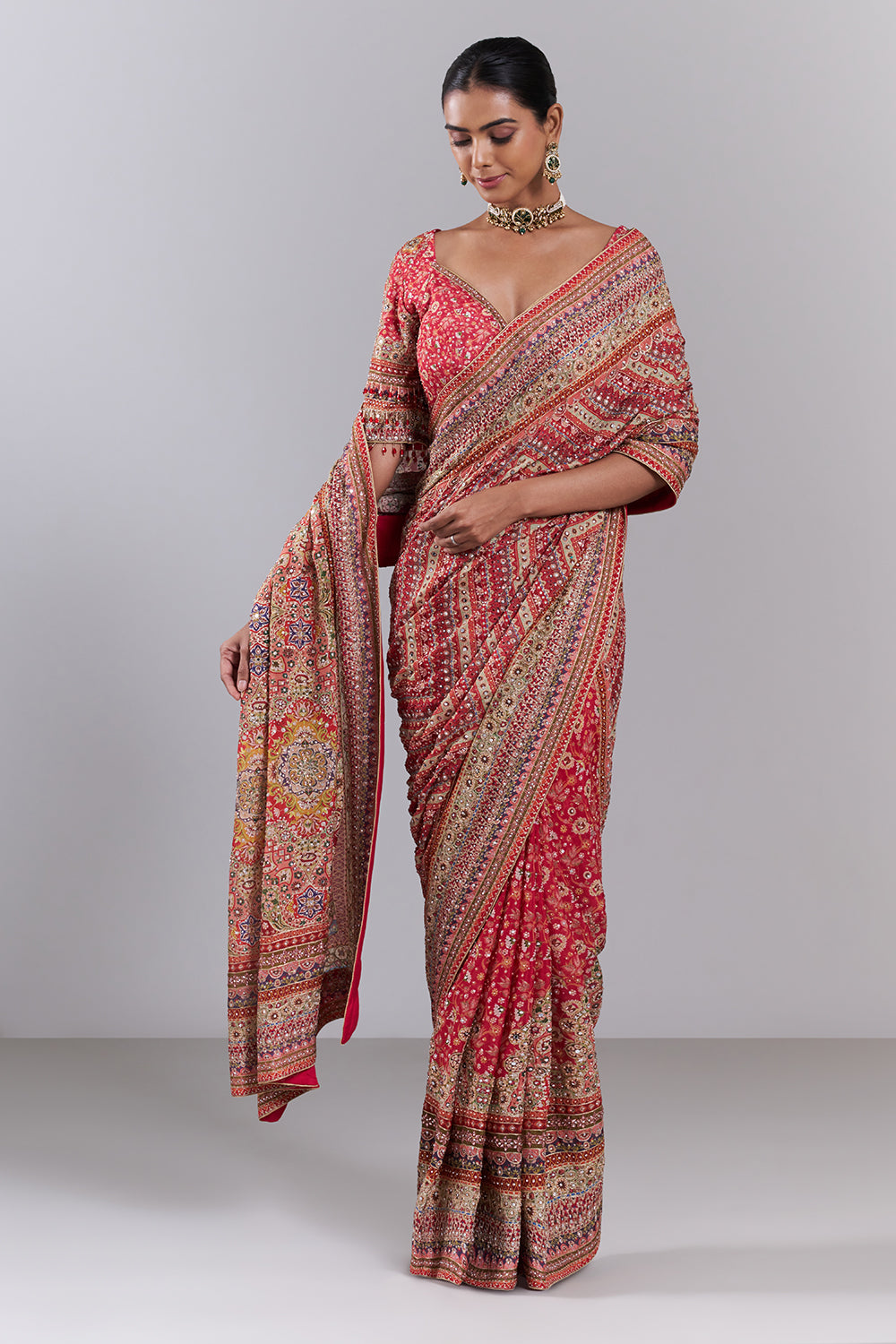 Pink Crepe Embellished Saree And Stitched Blouse