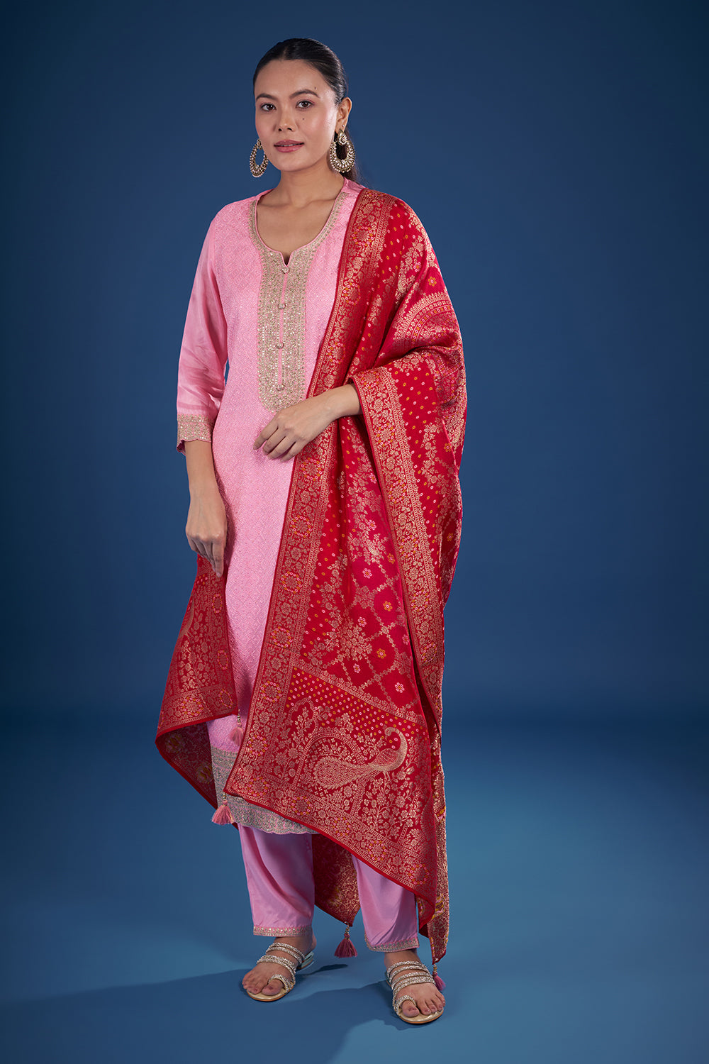 Pink Dupion Kurta Set with Banarasi Dupatta