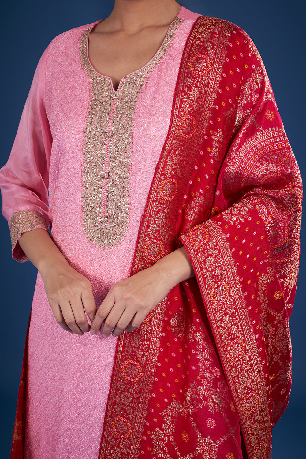 Pink Dupion Kurta Set with Banarasi Dupatta