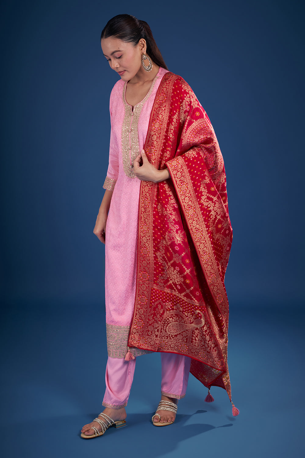 Pink Dupion Kurta Set with Banarasi Dupatta