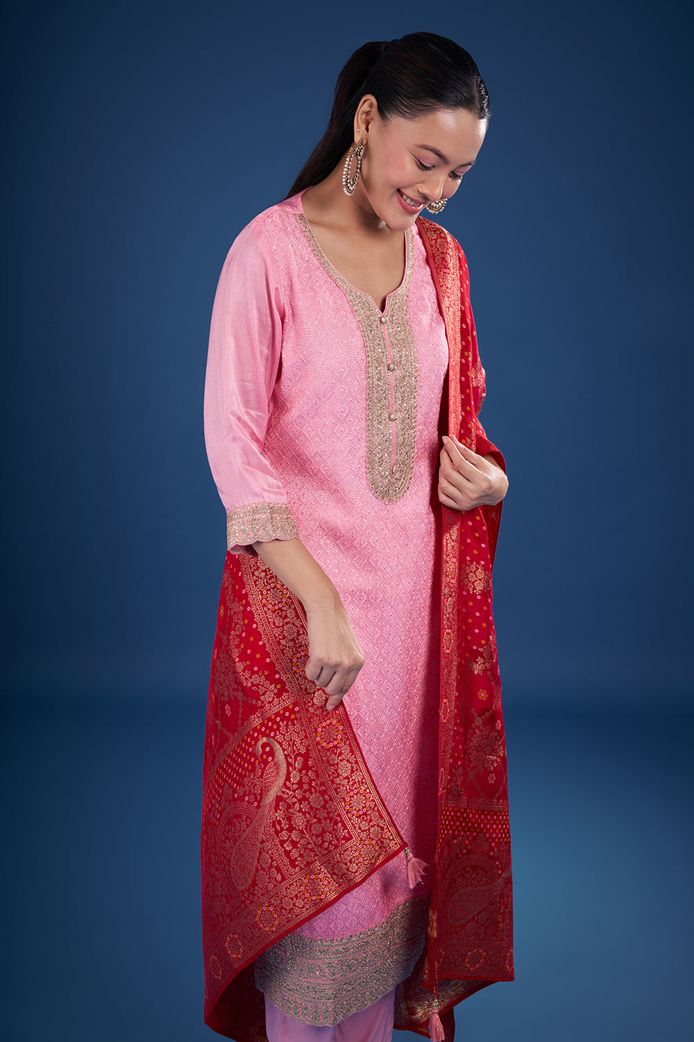 Pink Dupion Kurta Set with Banarasi Dupatta