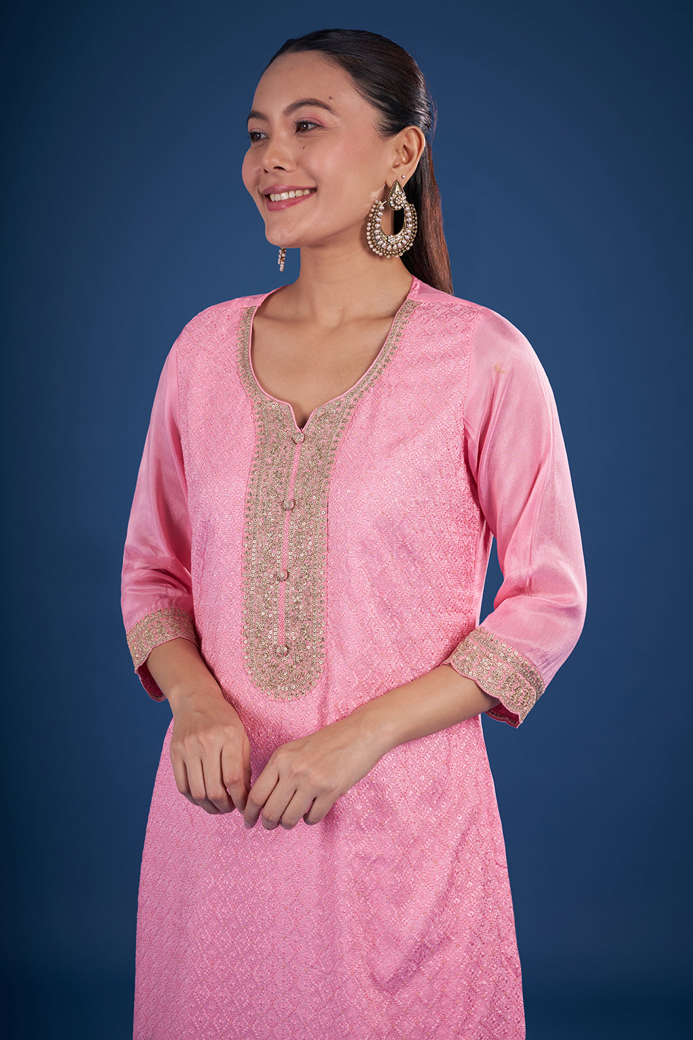 Pink Dupion Kurta Set with Banarasi Dupatta