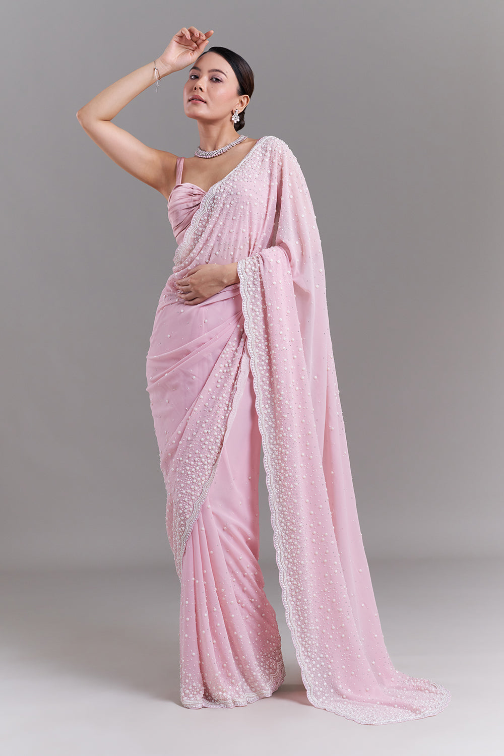 Pink Georgette Saree with Pearl Embellishments