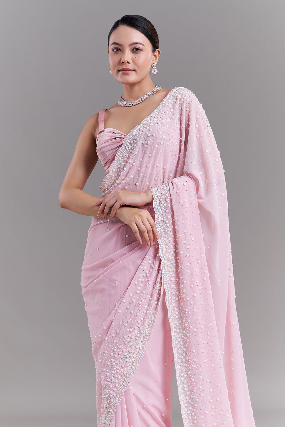 Pink Georgette Saree with Pearl Embellishments