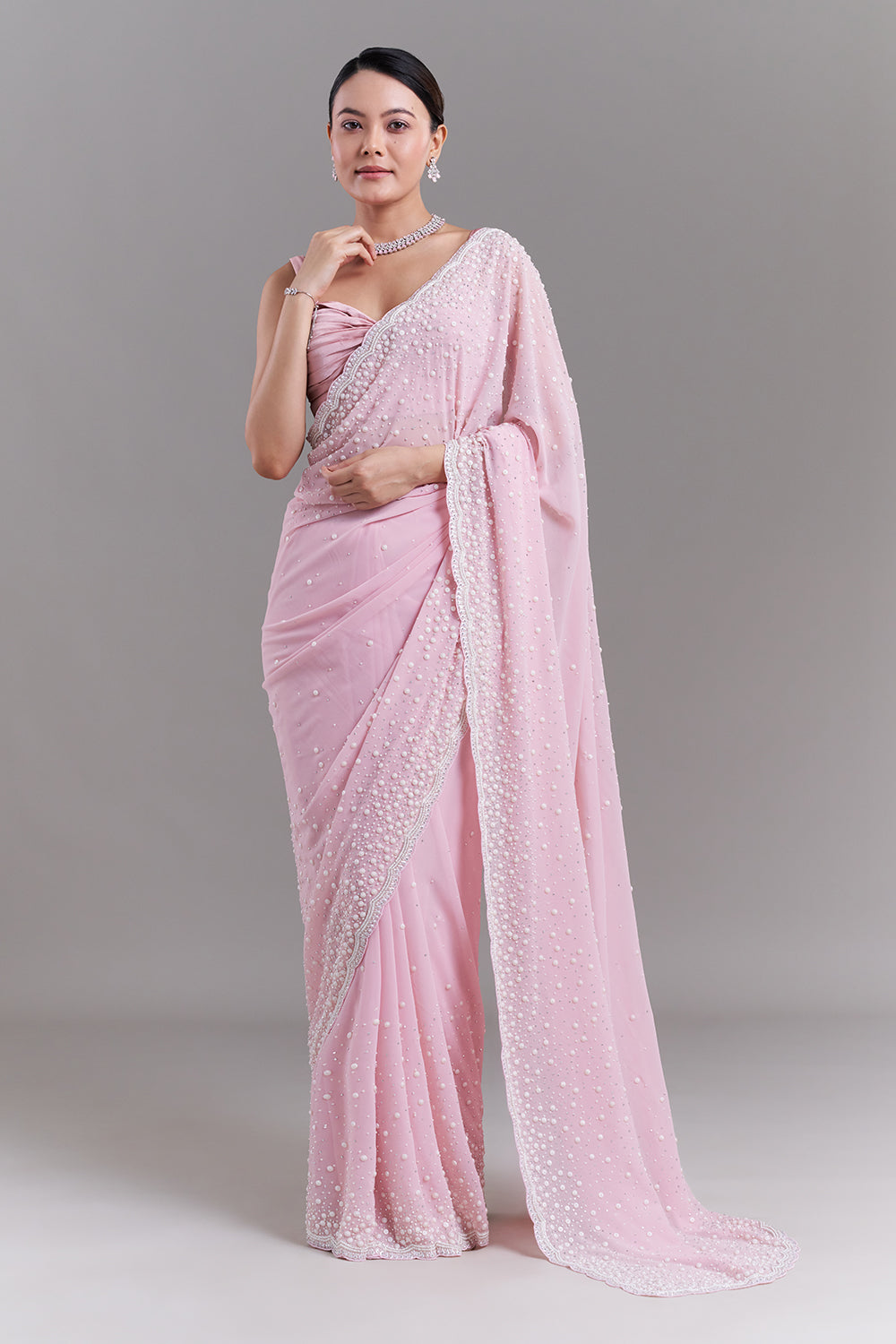 Pink Georgette Saree with Pearl Embellishments