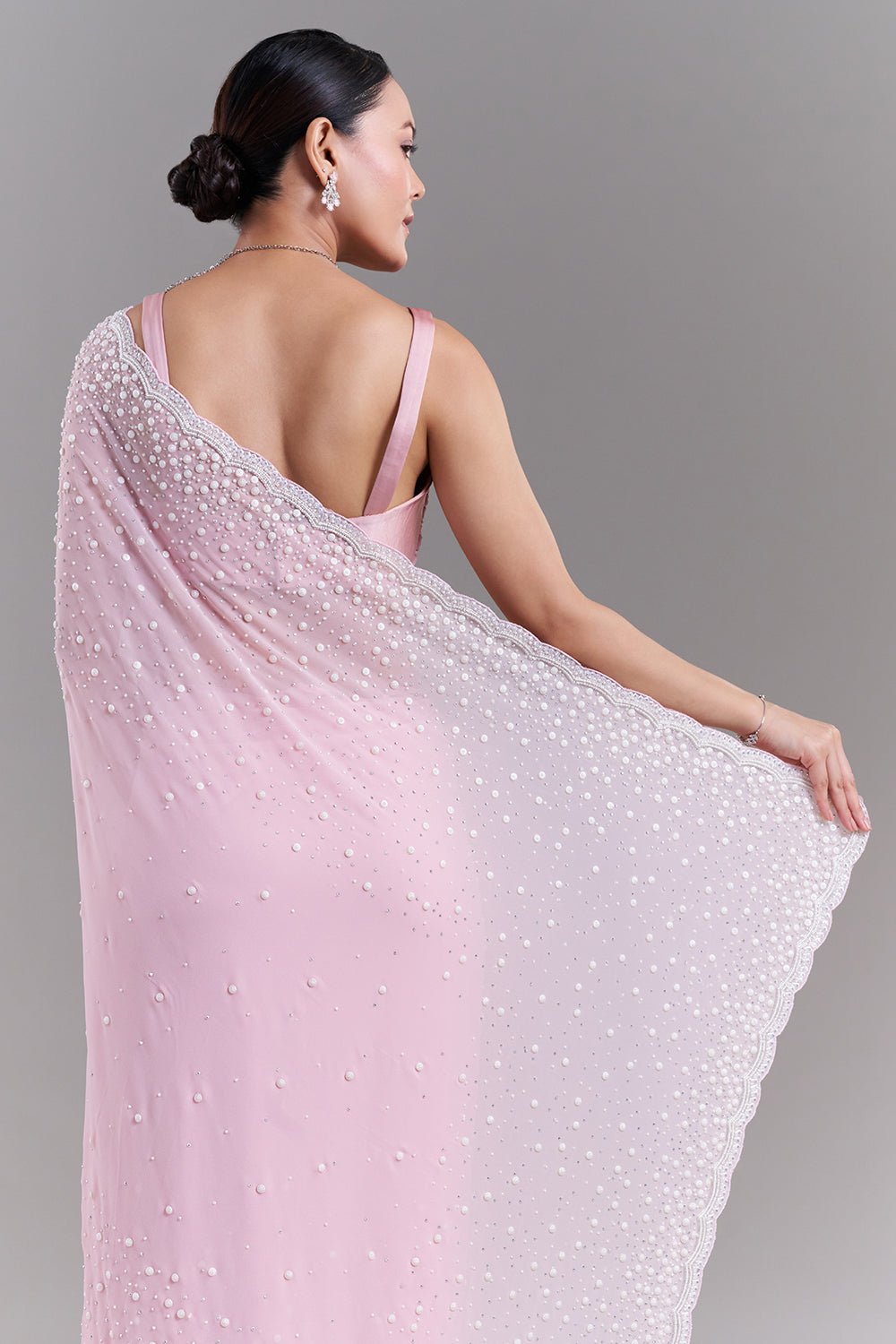 Pink Georgette Saree with Pearl Embellishments