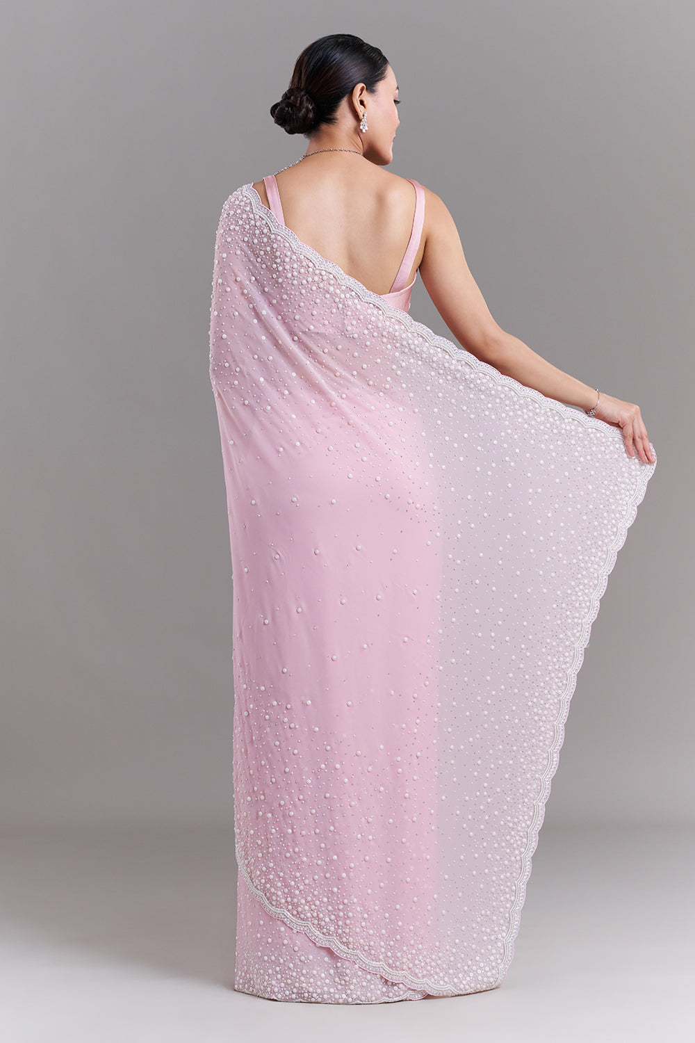 Pink Georgette Saree with Pearl Embellishments