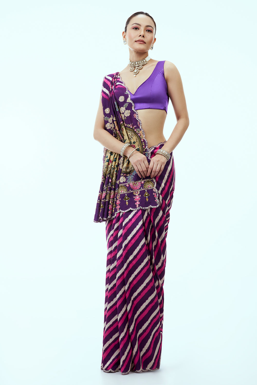 Pink Leheriya Saree with Zari and Mirror Work and Unstitched Blouse