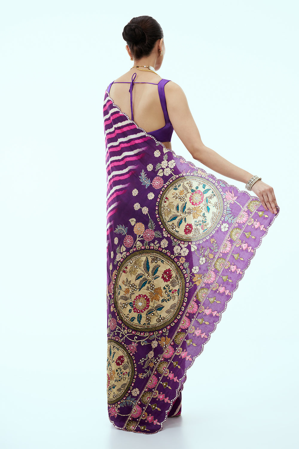 Pink Leheriya Saree with Zari and Mirror Work and Unstitched Blouse