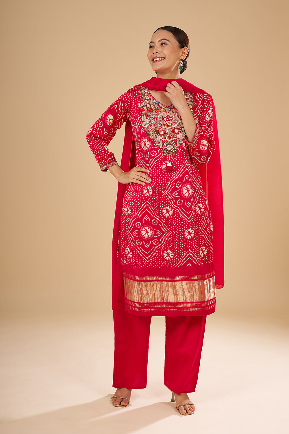 Pink Modal Silk Bandhani Printed Kurta Set