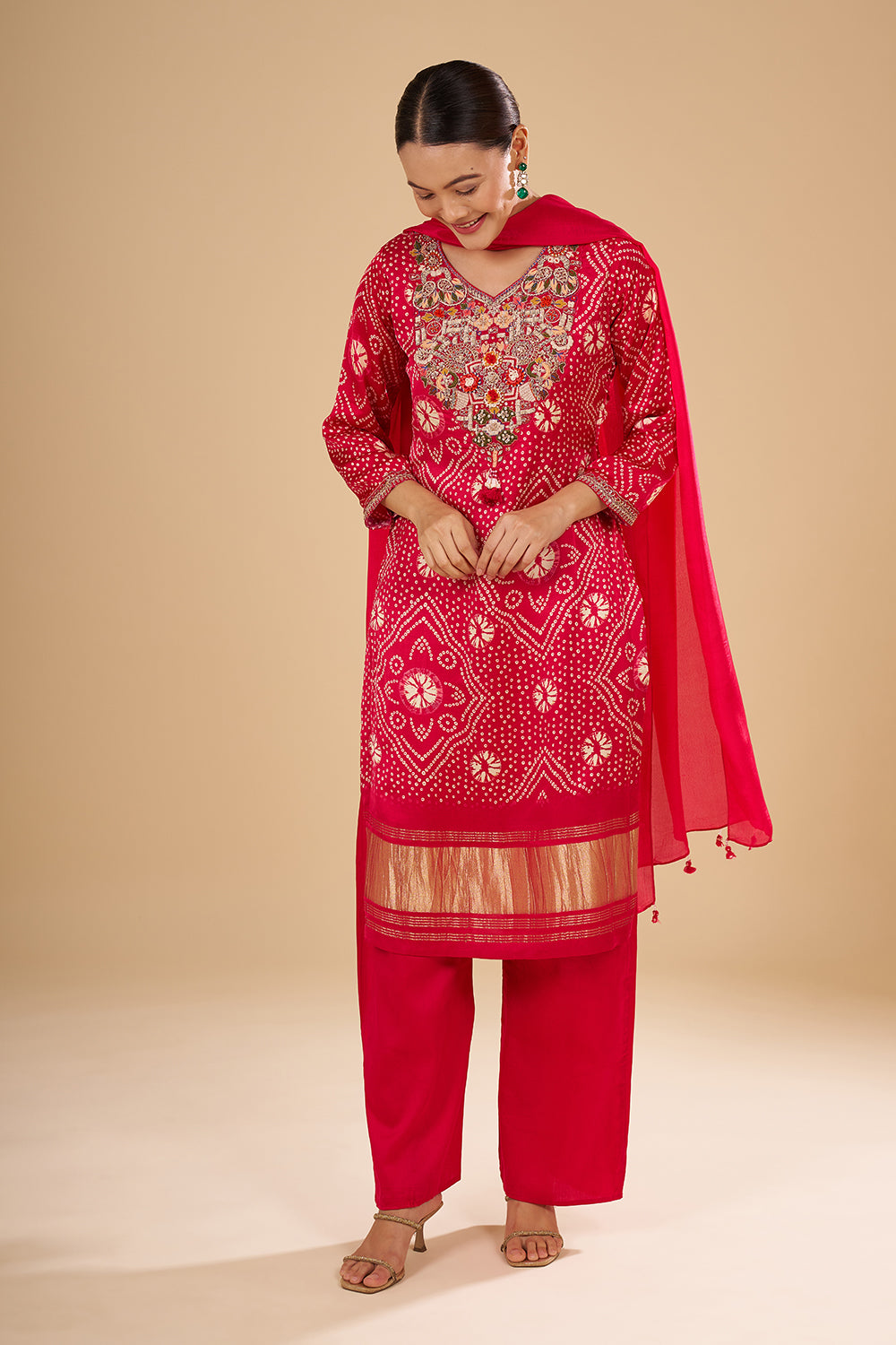 Pink Modal Silk Bandhani Printed Kurta Set