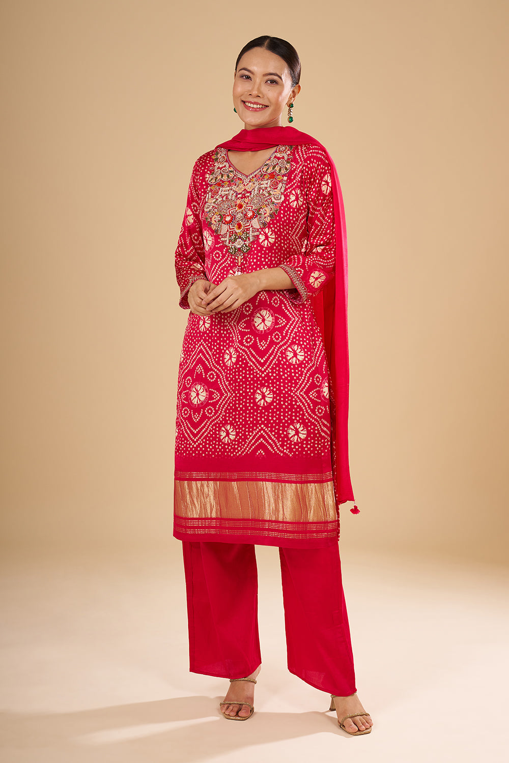 Pink Modal Silk Bandhani Printed Kurta Set