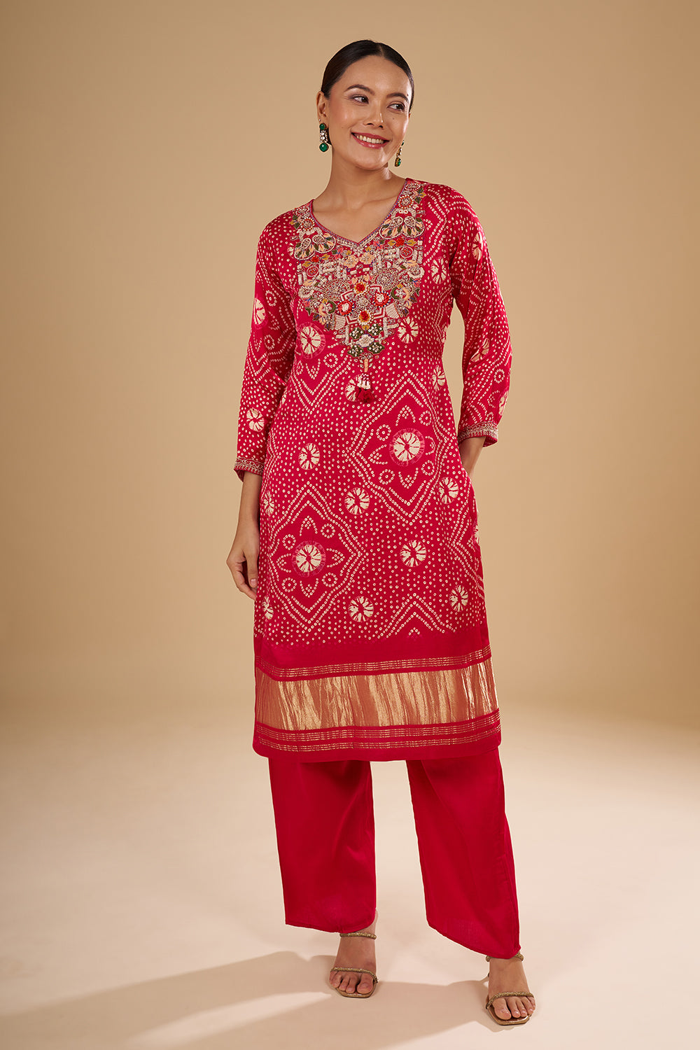 Pink Modal Silk Bandhani Printed Kurta Set