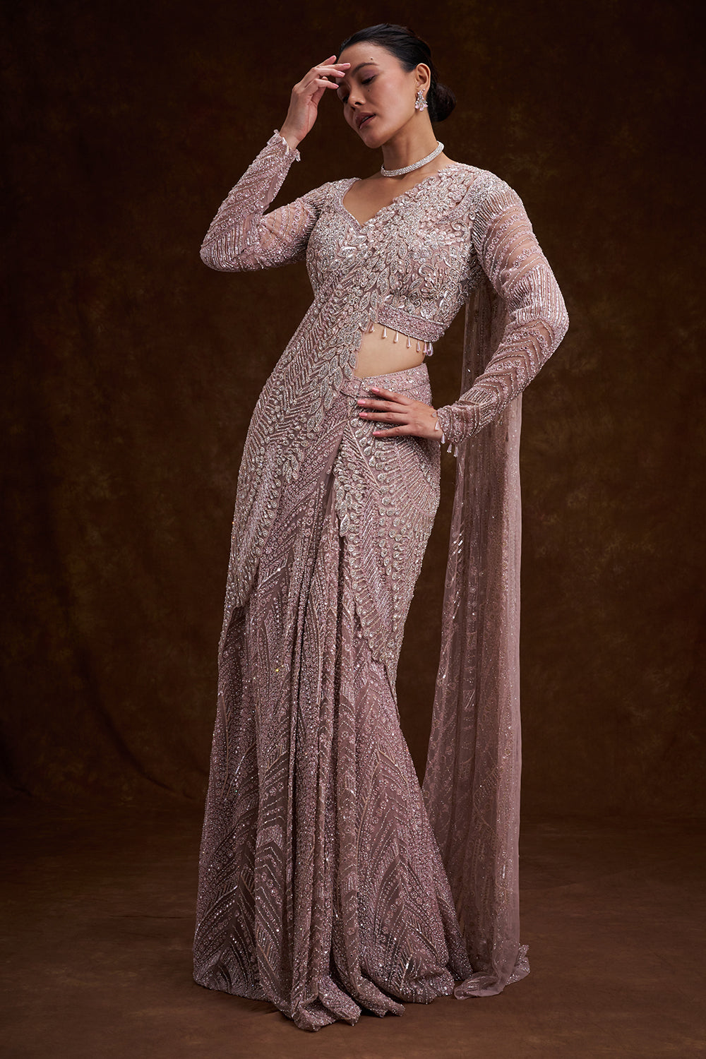 Pink Net Indo-Western Saree with Cutdana, Sequins, and Bead Work