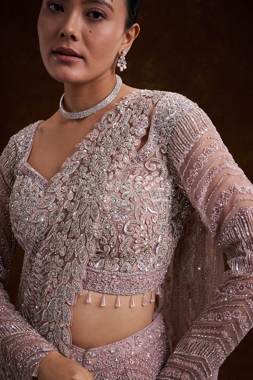 Pink Net Indo-Western Saree with Cutdana, Sequins, and Bead Work