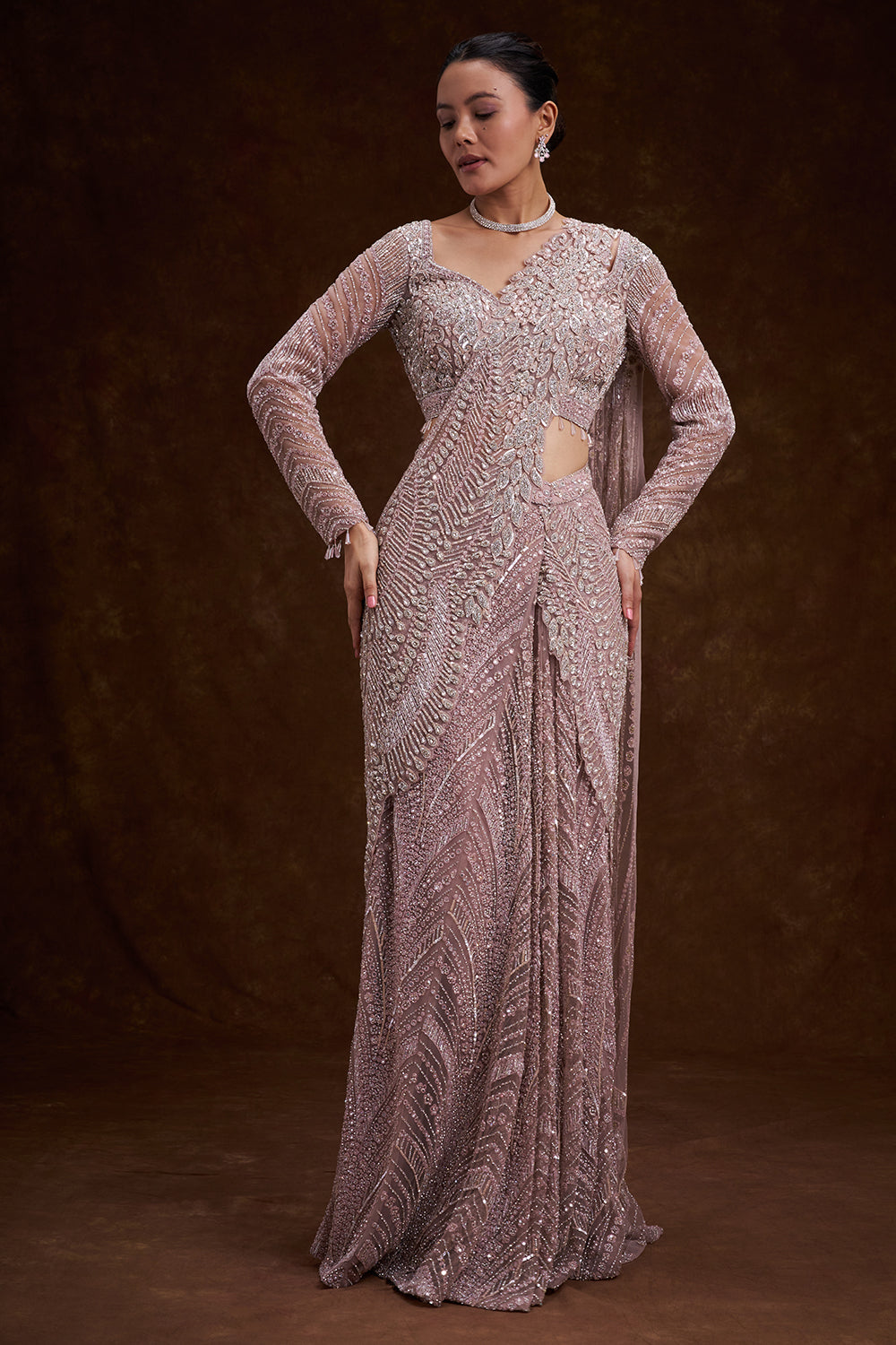 Pink Net Indo-Western Saree with Cutdana, Sequins, and Bead Work
