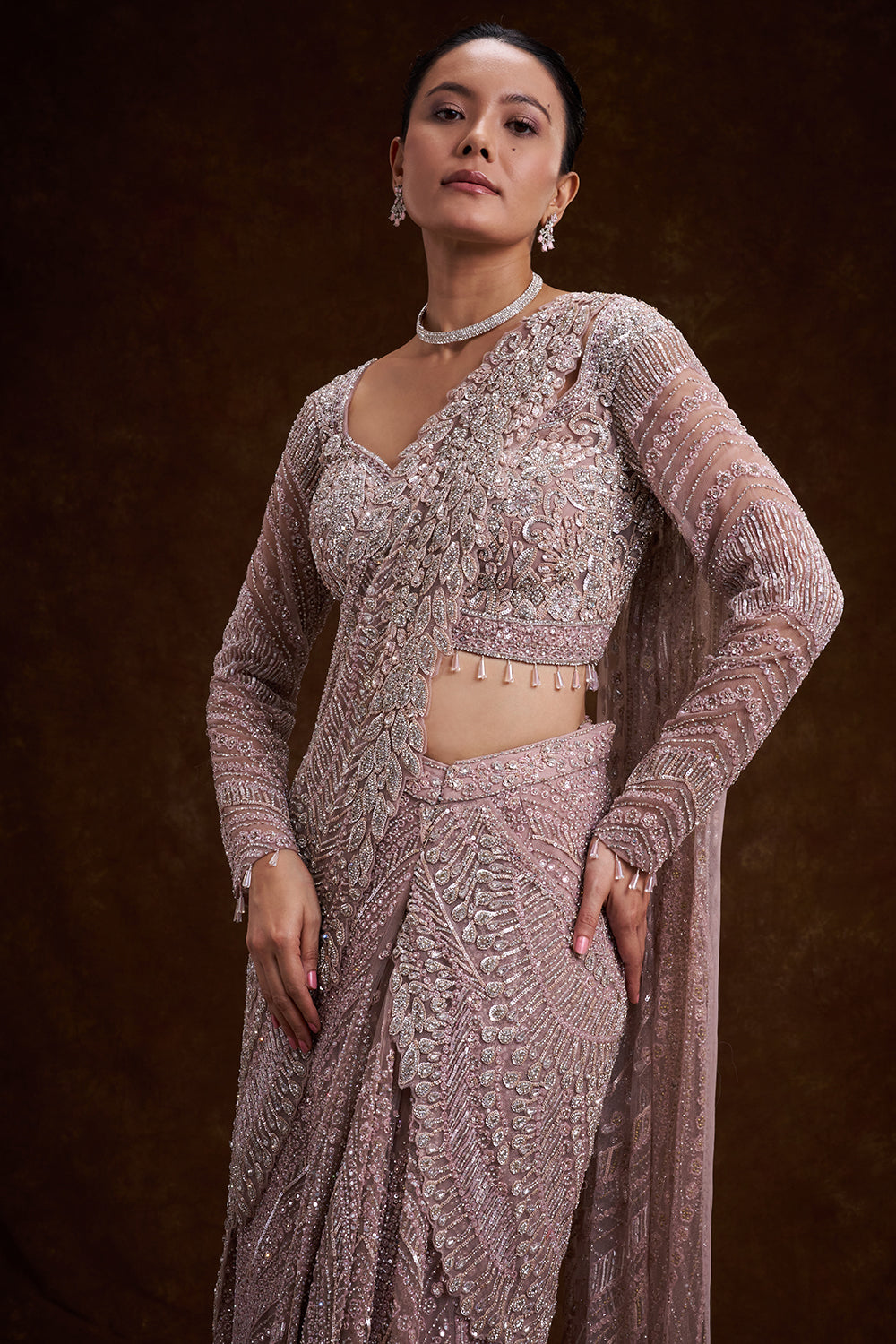 Pink Net Indo-Western Saree with Cutdana, Sequins, and Bead Work