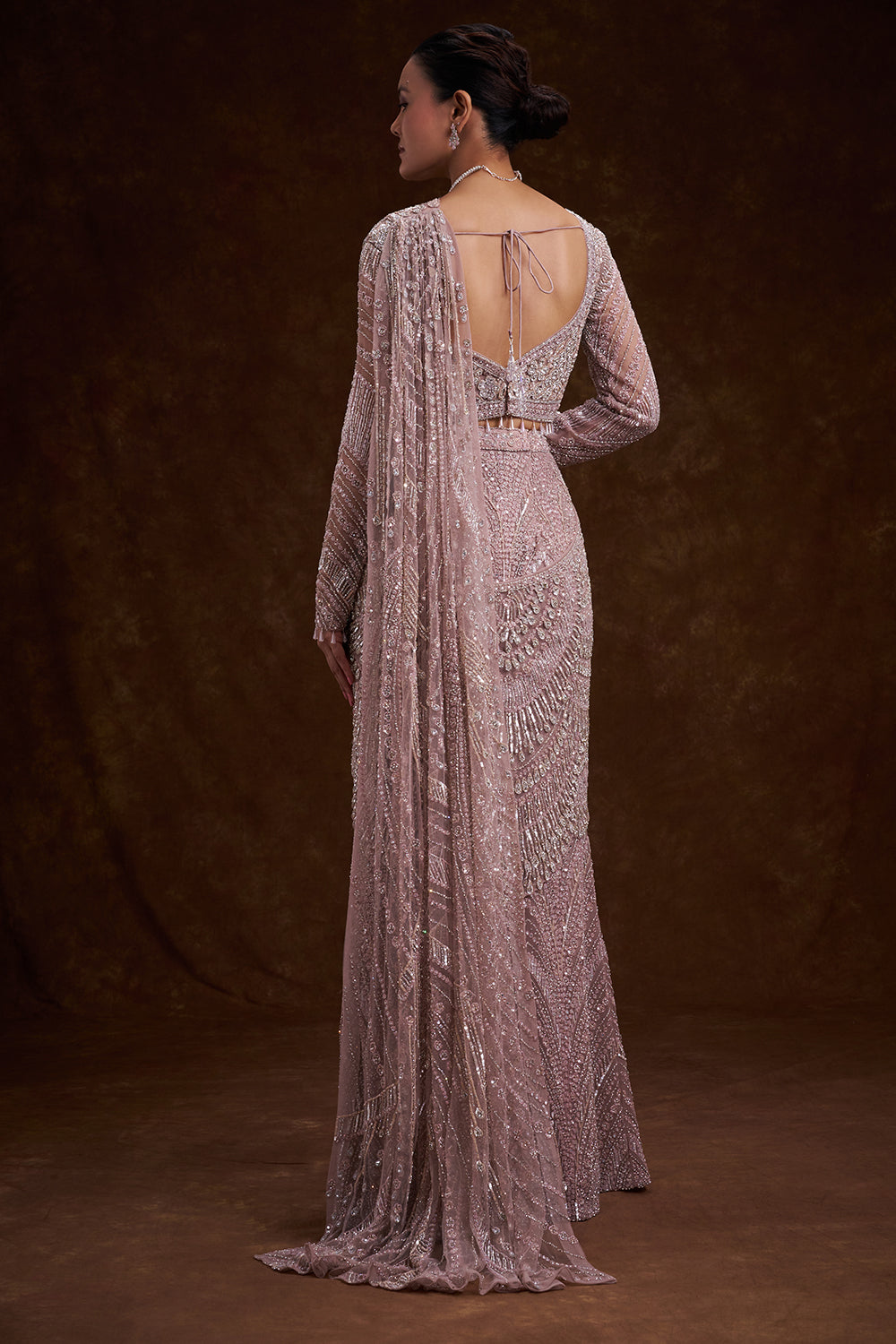 Pink Net Indo-Western Saree with Cutdana, Sequins, and Bead Work