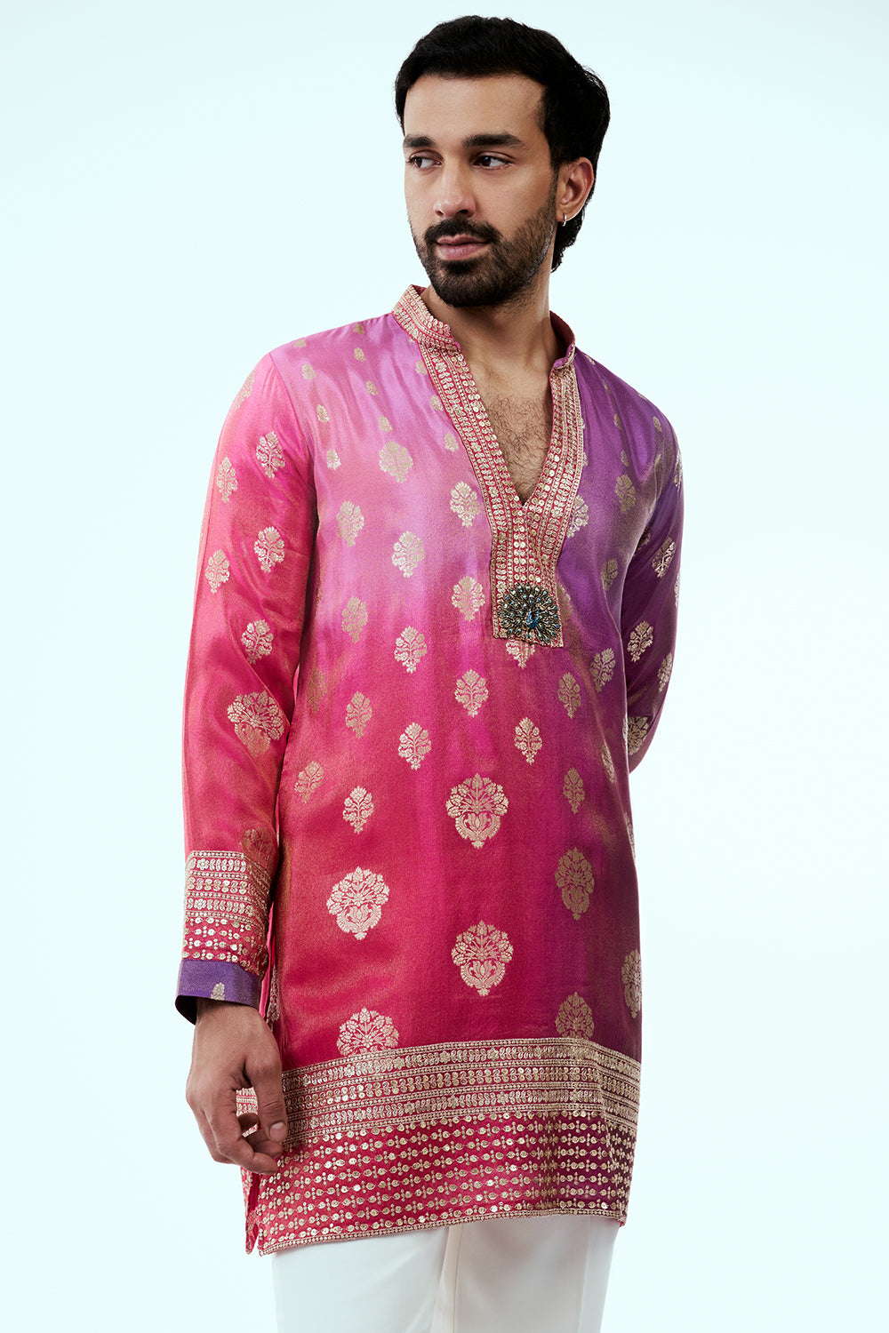 Pink Ombre Nokia Silk Mens Kurta Set with Banarasi Buti Work