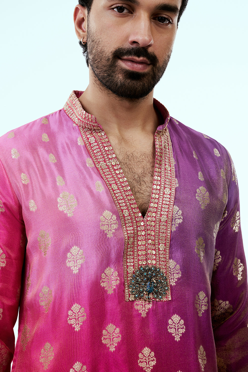 Pink Ombre Nokia Silk Mens Kurta Set with Banarasi Buti Work