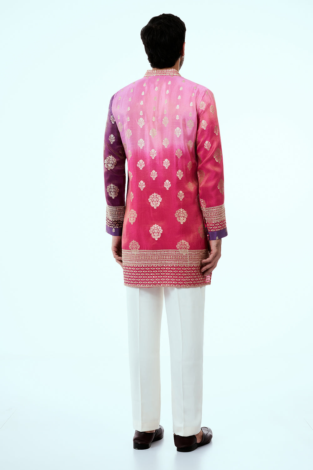 Pink Ombre Nokia Silk Mens Kurta Set with Banarasi Buti Work