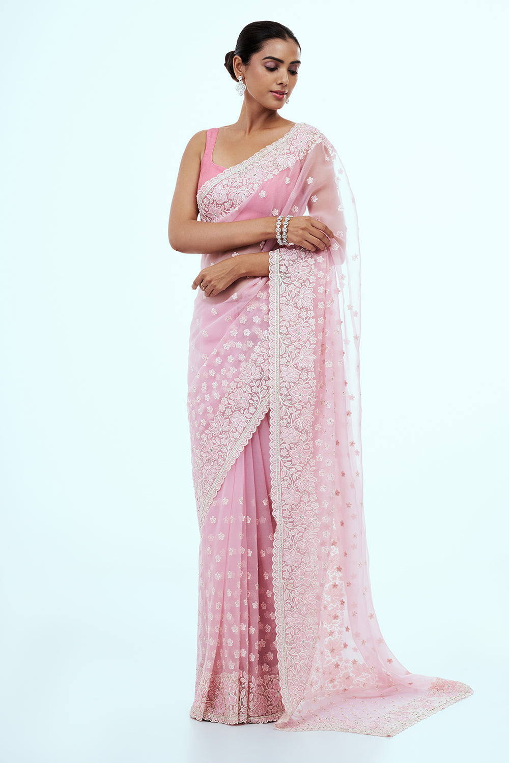 Pink Organza Embroidered Saree with Stone Work