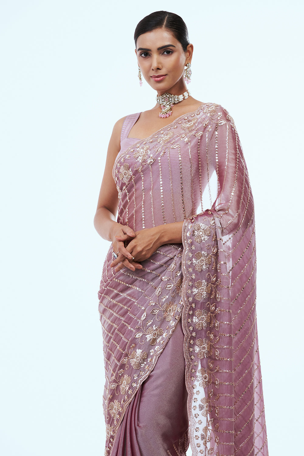 Pink Shimmer Organza Saree with Bead Work