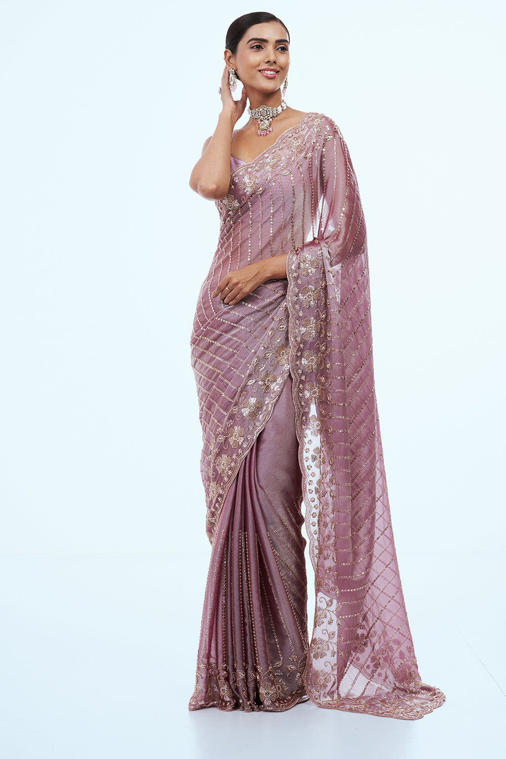 Pink Shimmer Organza Saree with Bead Work
