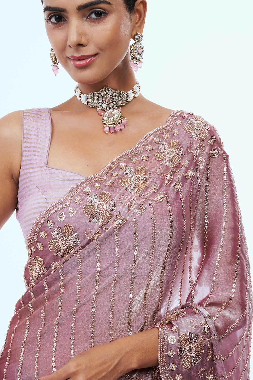 Pink Shimmer Organza Saree with Bead Work