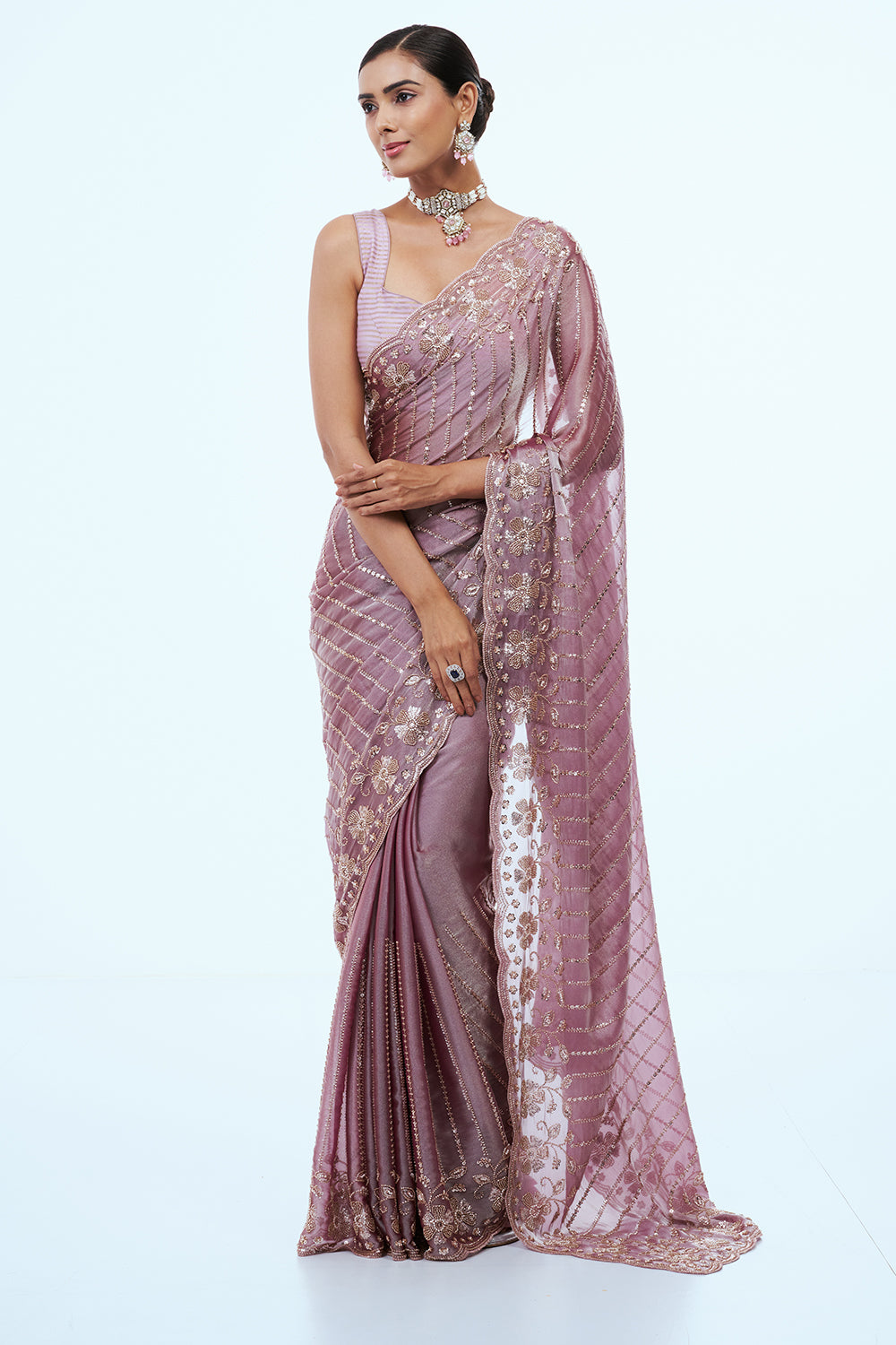 Pink Shimmer Organza Saree with Bead Work