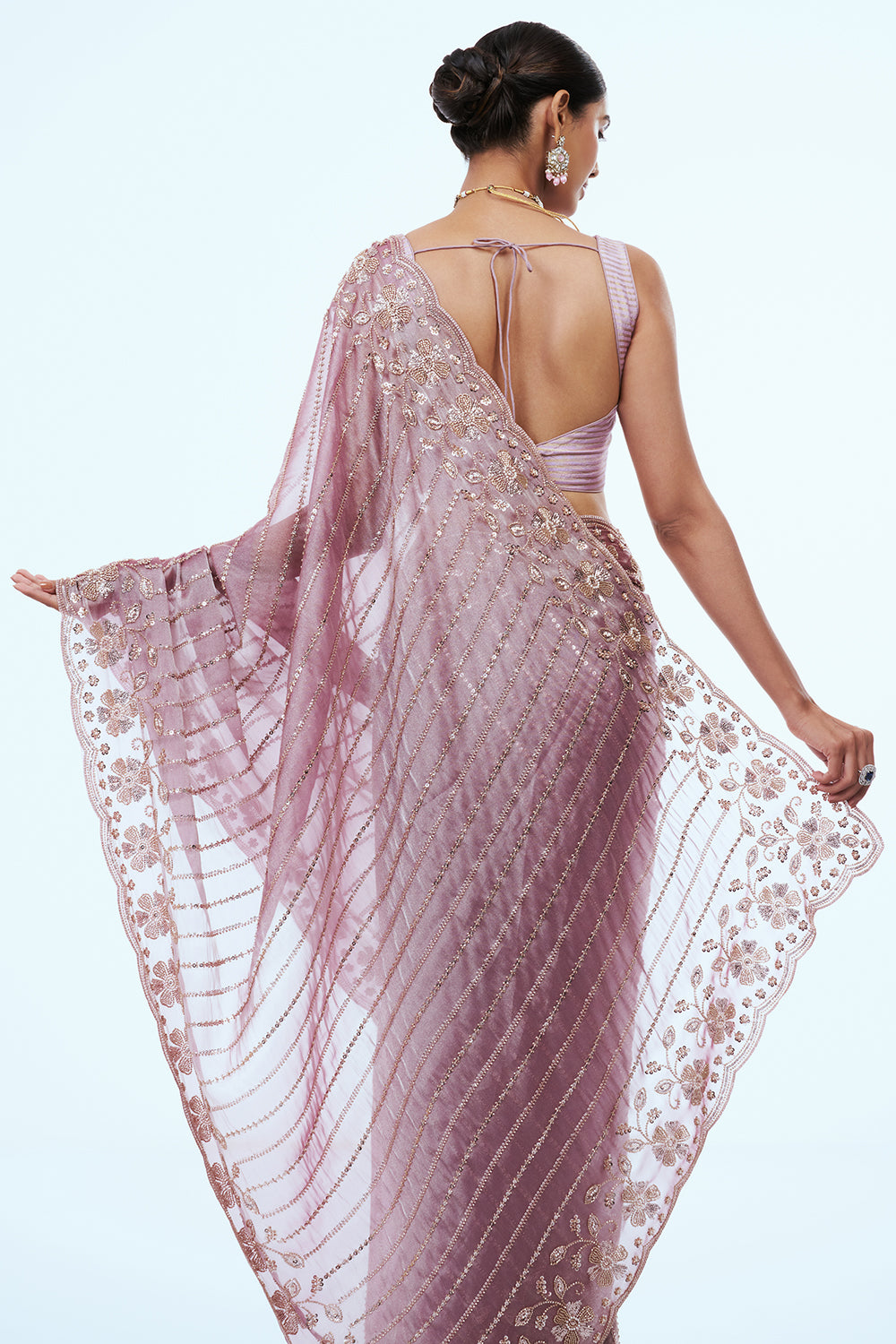 Pink Shimmer Organza Saree with Bead Work