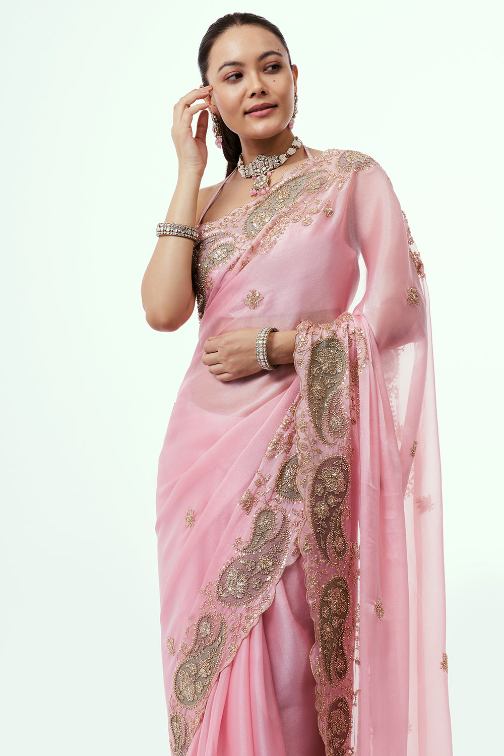 Pink Shimmer Organza Saree with Thread Work